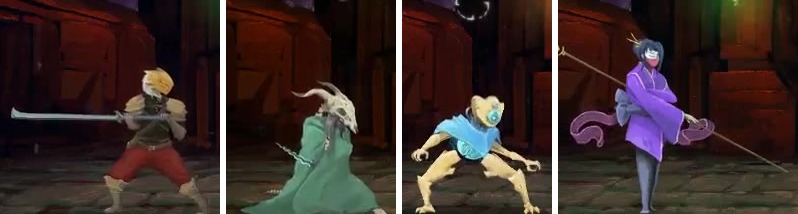 The four characters side by side: the Ironclad with a sword, the Silent in a green cloak and skull mask, the Defect robot and the Watcher with a staff.