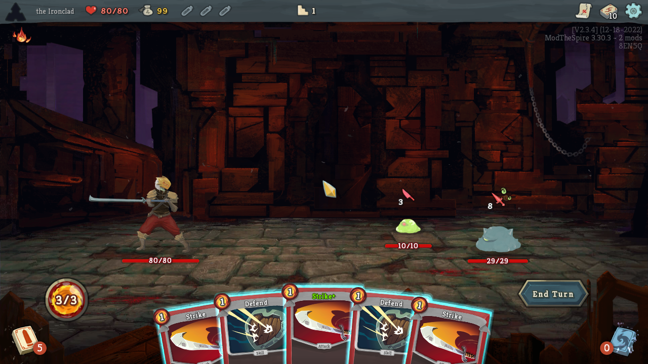The first fight of a Slay the Spire run: the Ironclad faces two slimes, each showing the damage it intends to deal next turn, with five cards in hand and three energy.